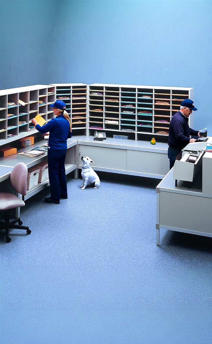Illustration of old-school mailroom with two employees and a white dog